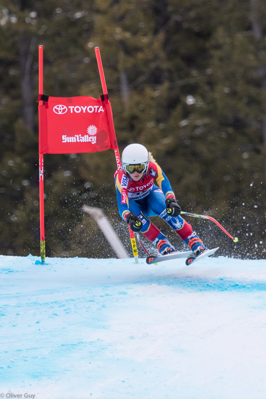 Skier Cheyene Brown getting air in a race